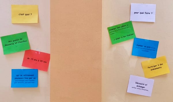 Panneau d'affichage mural présentant les principes du collectif jeunes de Maizeroy
